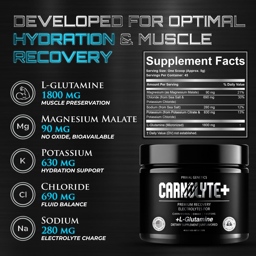 PRIMAL GENETICS Carnolyte+ fasting-friendly formula aiding mineral absorption during fasting.