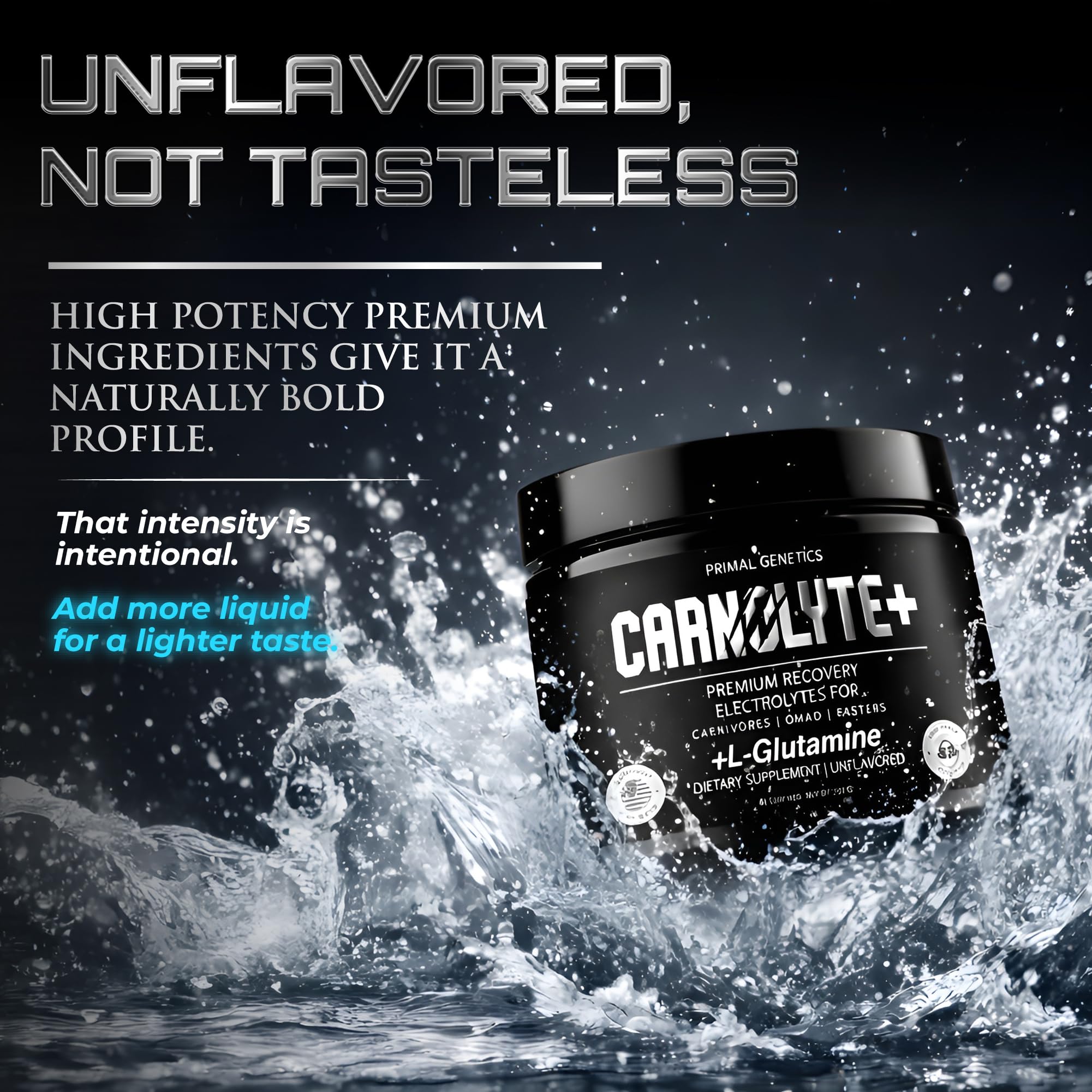PRIMAL GENETICS Carnolyte+ transparent formula highlights mineral sources and clean taste.