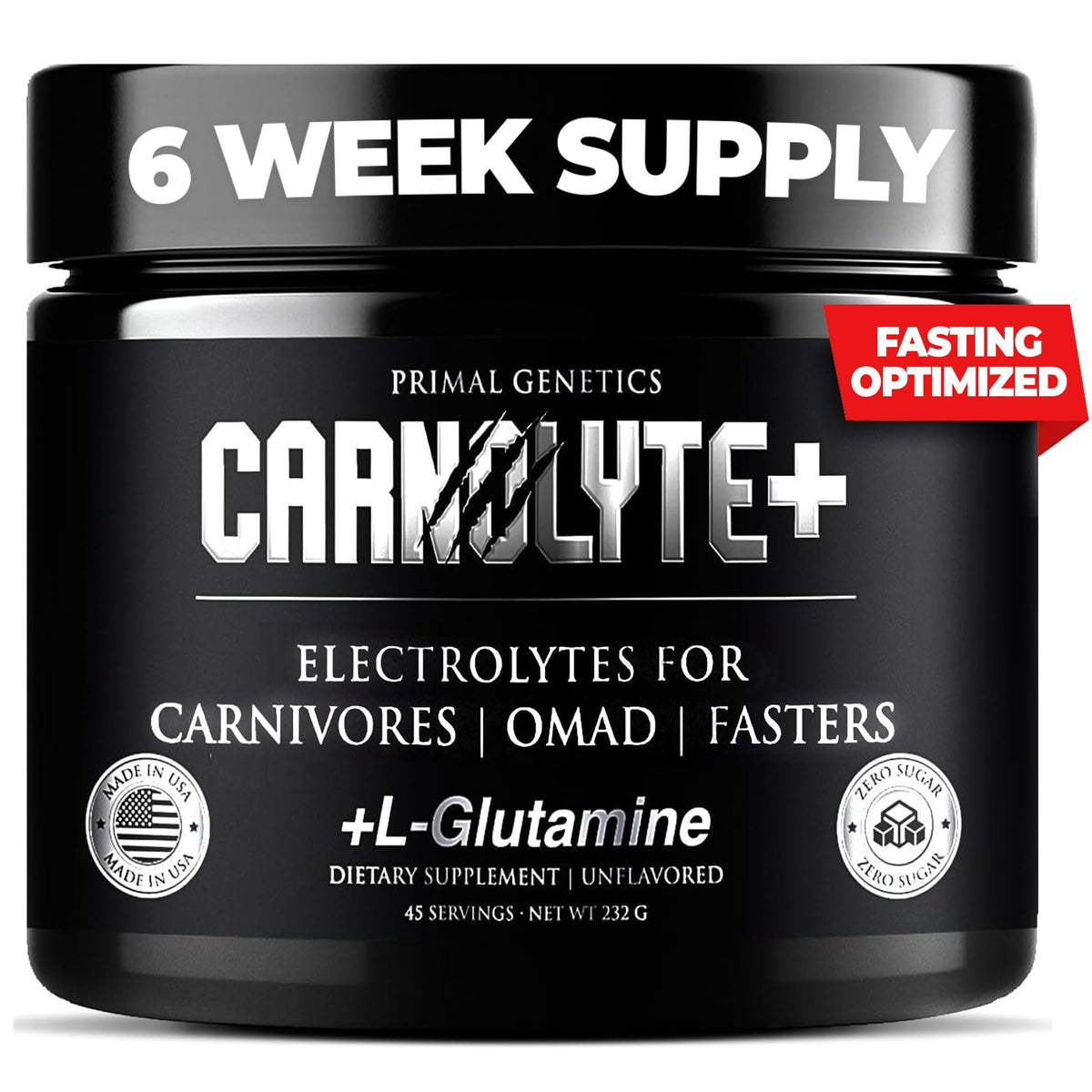 PRIMAL GENETICS Carnolyte+ unflavored powder for steady hydration and amino-acid support.