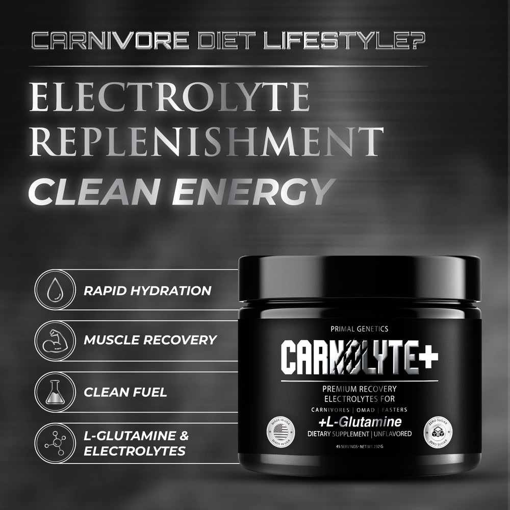 PRIMAL GENETICS Carnolyte+ zero-sugar option for keto and fasting plans.