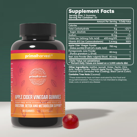 Primal Harvest ACV Gummies with beetroot powder for natural energy.