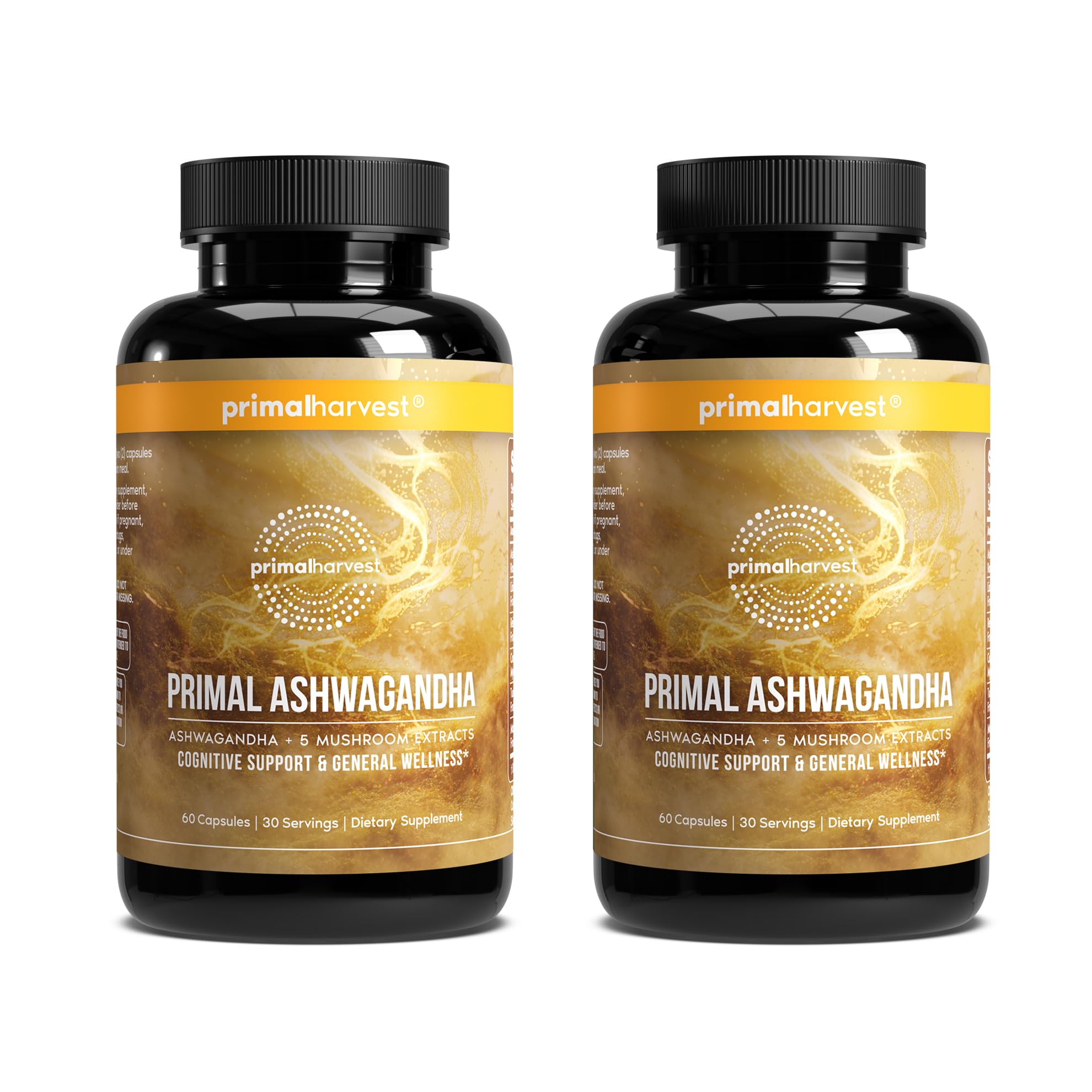 Primal Harvest Ashwagandha 5-mushroom extracts bottle for daily balance