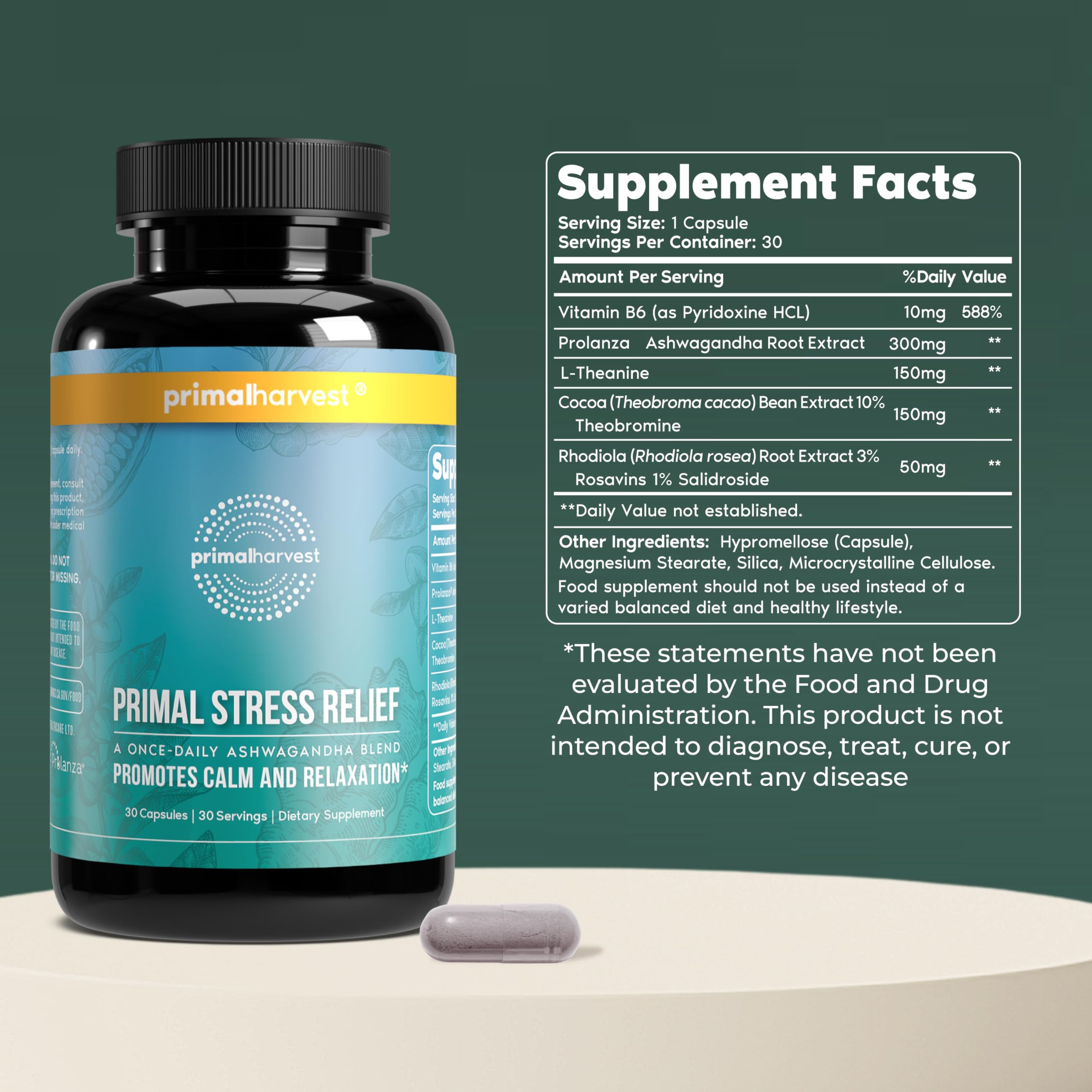 Primal Harvest Ashwagandha root capsule close-up supports stress management.