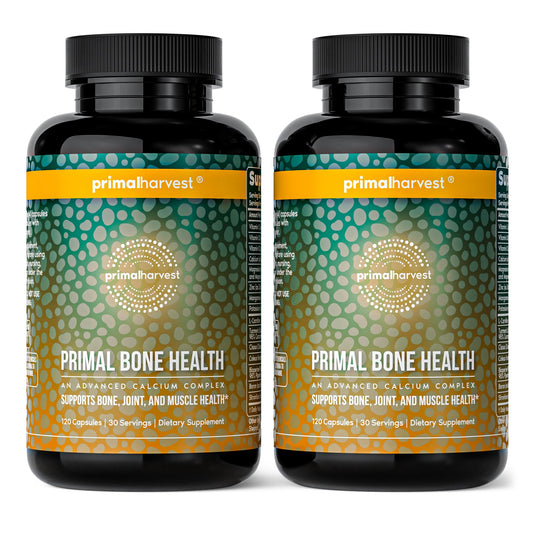 Primal Harvest bone health calcium bottle promotes strong bones with premium calcium.