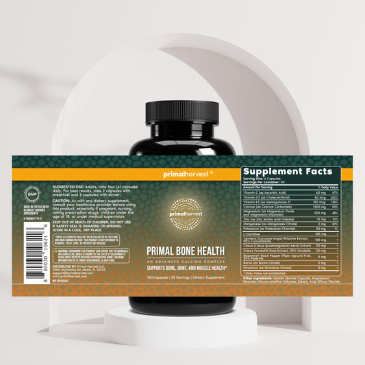 Primal Harvest calcium carbonate capsules bottle supports absorption and joint comfort.