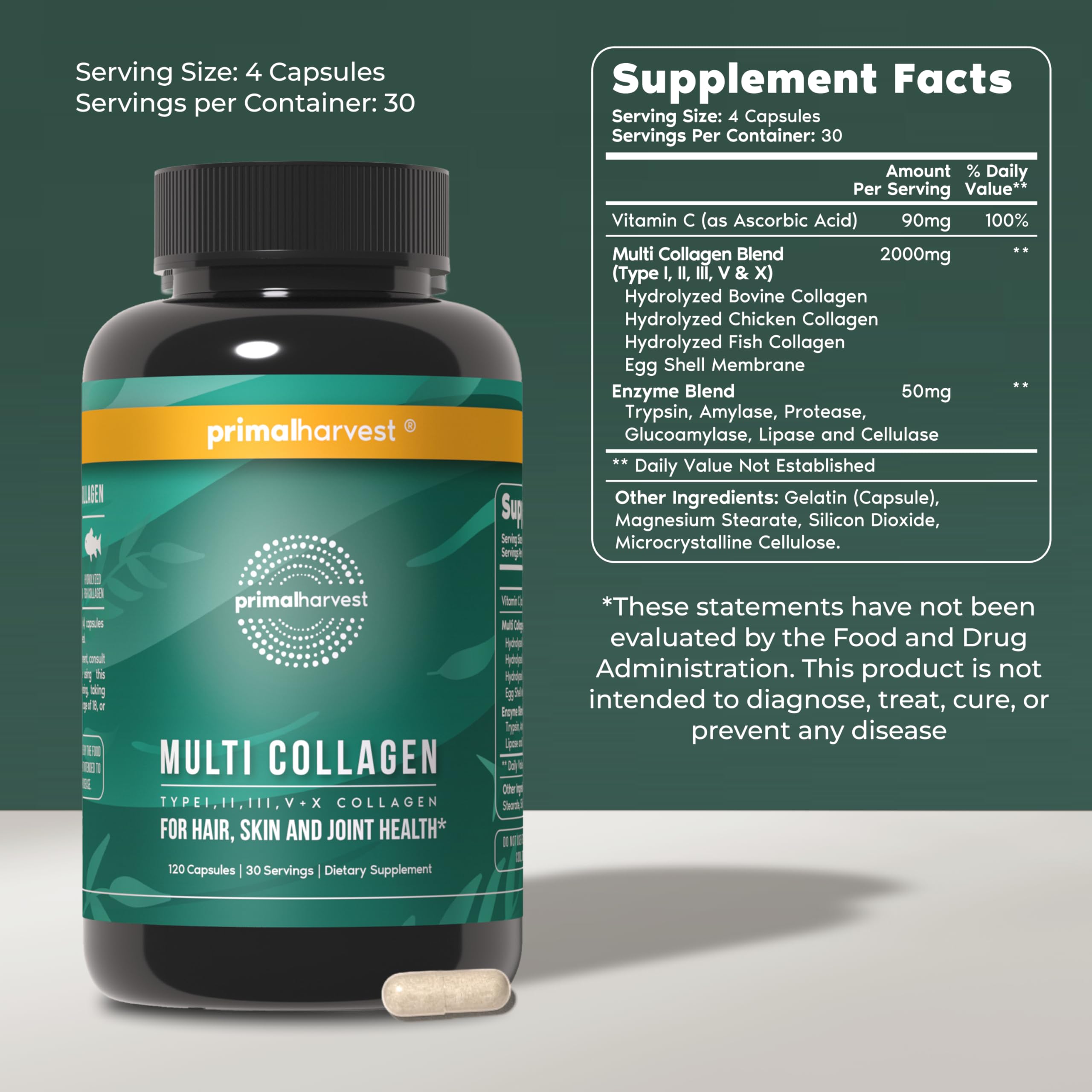 Close-up of Primal Harvest collagen pills highlighting easy intake.