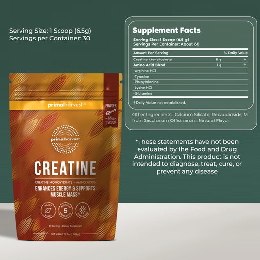 Primal Harvest Creatine Powder label close-up highlights purity for daily, worry-free supplementation.