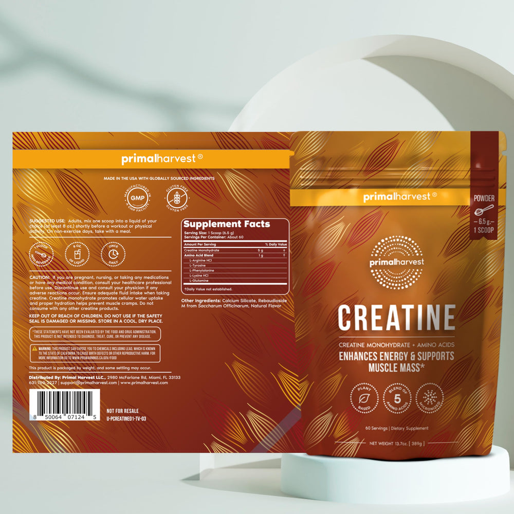 Primal Harvest Creatine Powder ingredients graphic communicates vegan, allergen-free option for athletes.