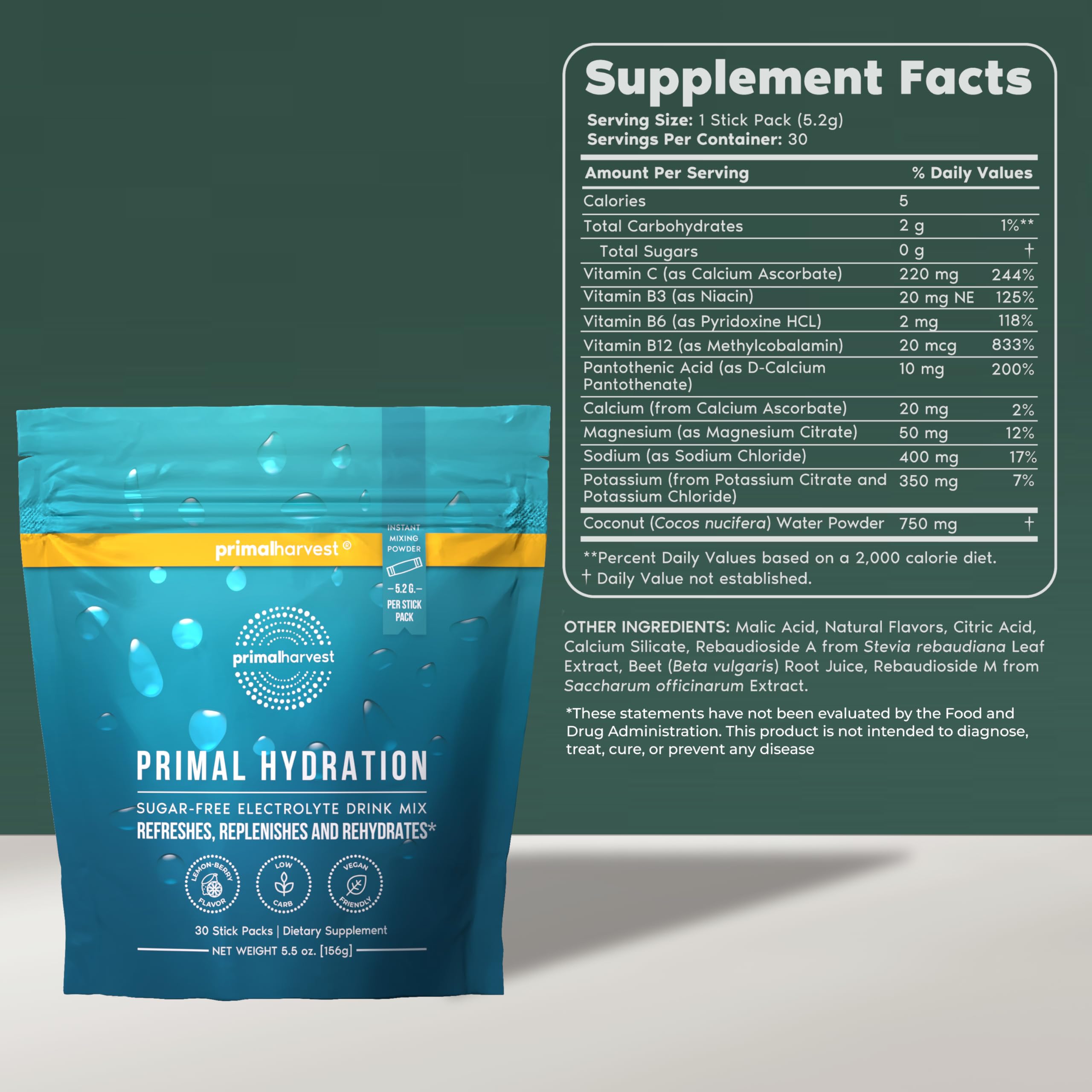 Primal Harvest electrolyte packet dissolving lemon berry into water for quick refreshment.