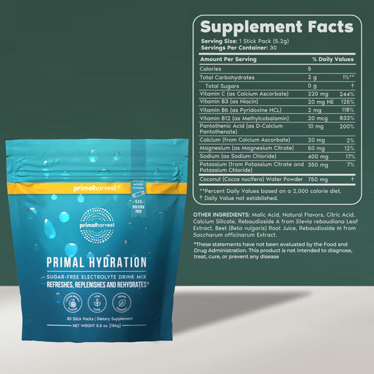 Primal Harvest electrolyte packet dissolving lemon berry into water for quick refreshment.