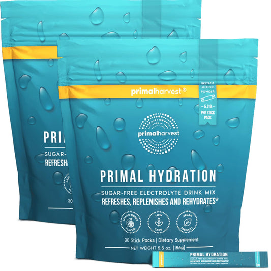 Primal Harvest electrolytes lemon berry packets ready for on-the-go hydration.