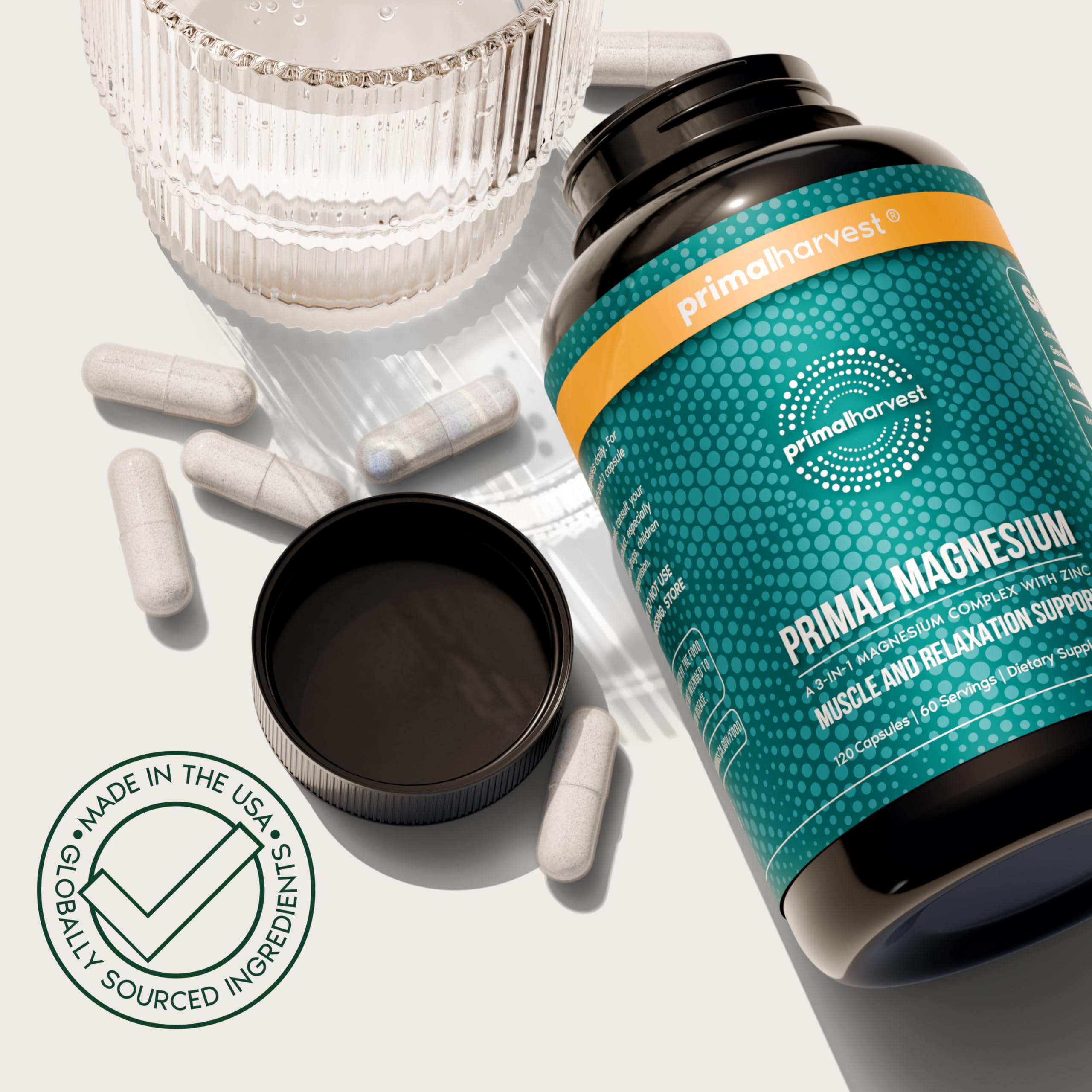 Front view of Primal Harvest bottle for easy daily use.