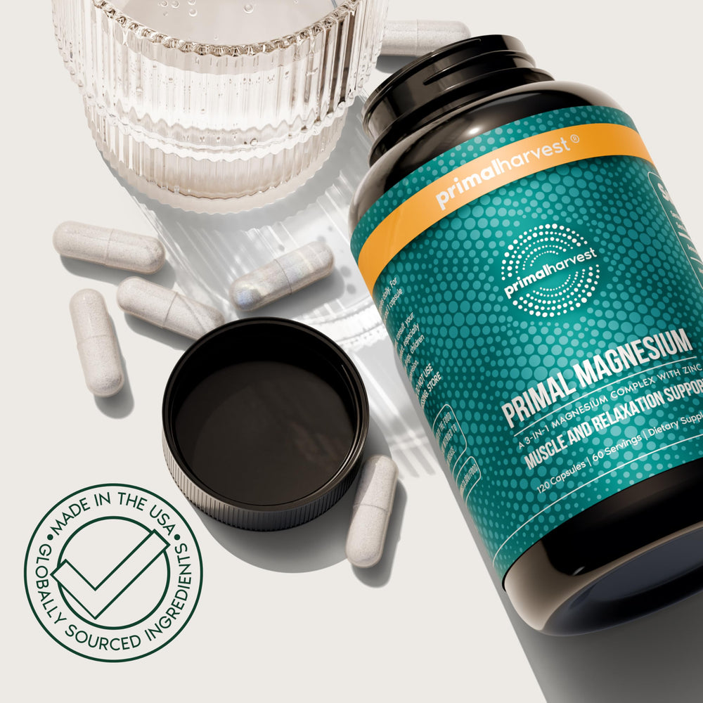 Front view of Primal Harvest bottle for easy daily use.