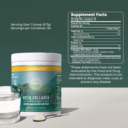 Primal Harvest Keto Collagen Powder cup-dissolve showing a neutral flavor boost.