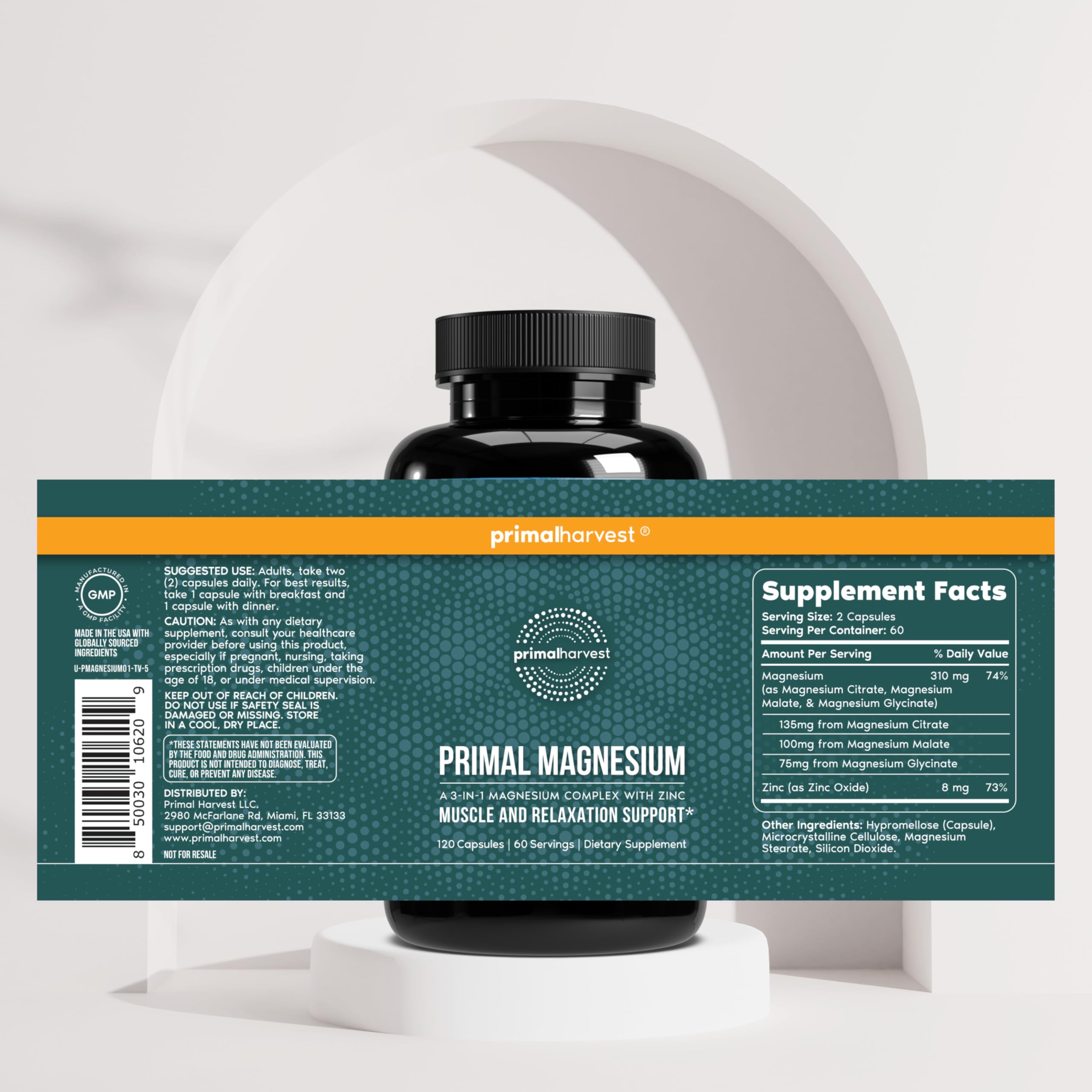 Front view of Primal Harvest Magnesium Complex box highlighting bone and energy support.