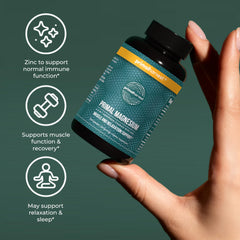 Dosage instruction for Primal Harvest Magnesium Complex with two capsules per day.