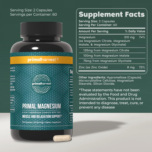Close-up of capsules showing magnesium glycinate, citrate, and malate blend for absorption.