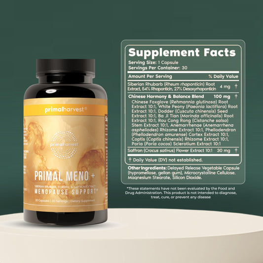 Primal Harvest Meno+ capsules close-up showing convenient supply.
