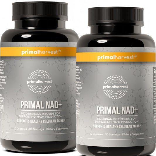 Primal Harvest NAD+ bottle front: convenient daily energy support.