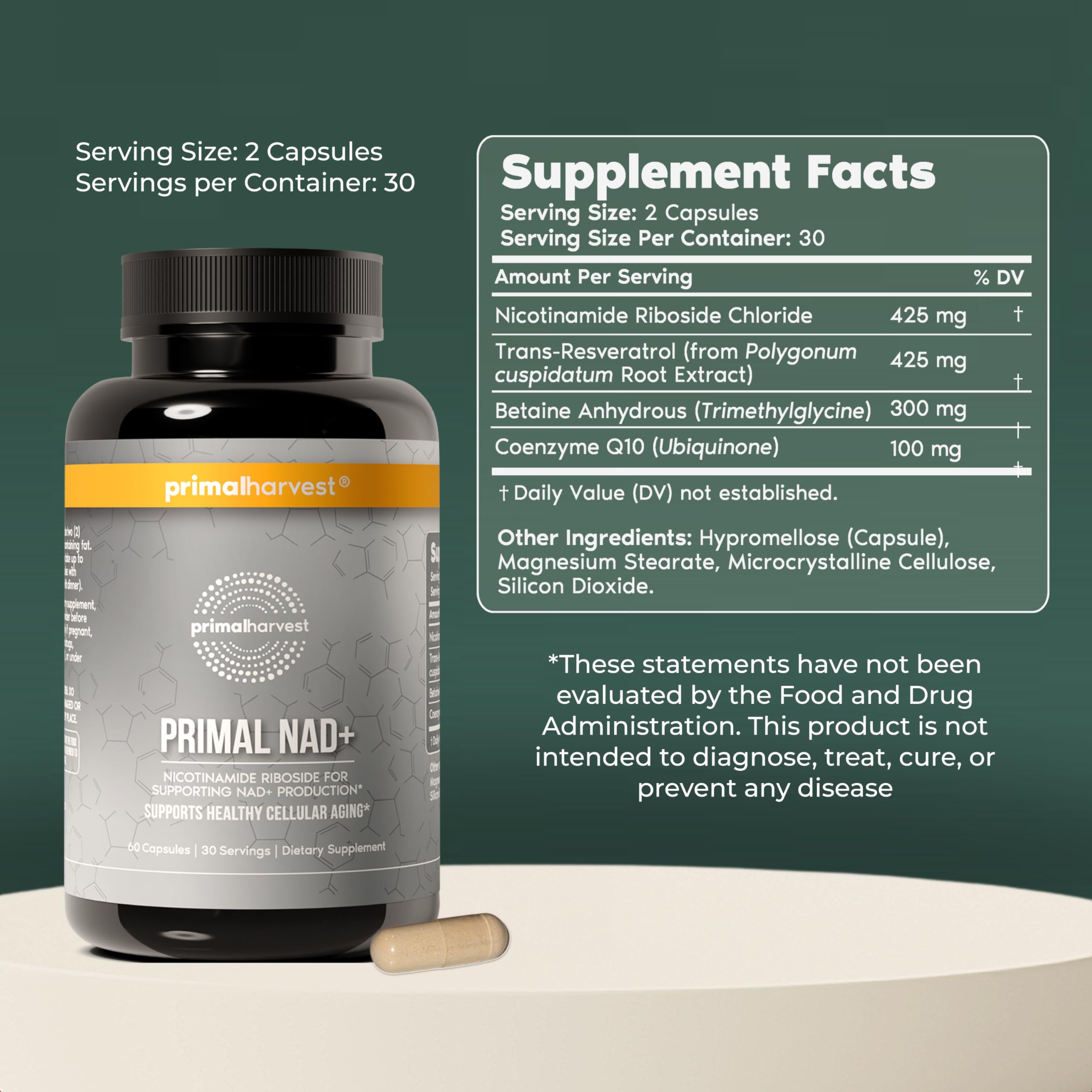 Primal Harvest NAD+ capsules closeup: easy-to-swallow daily supplement.