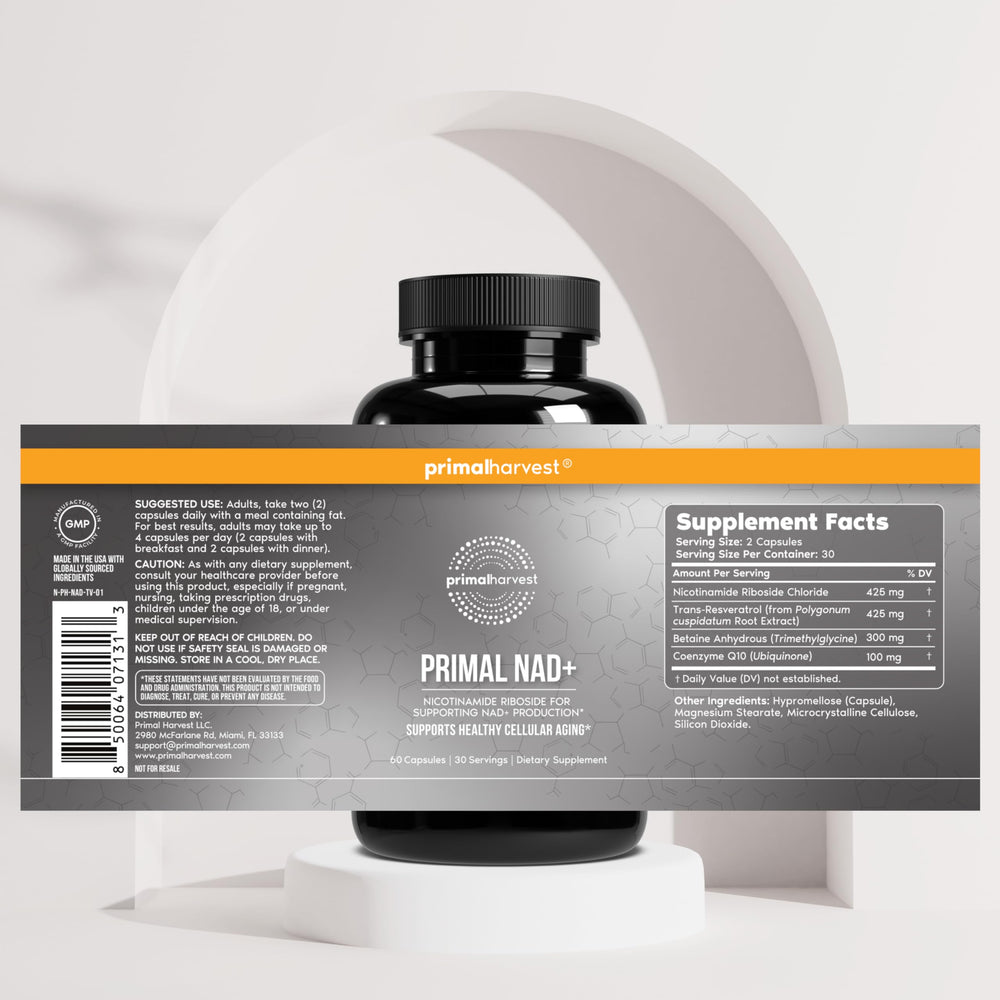 Primal Harvest NAD+ formula: resveratrol and betaine for energy pathways.