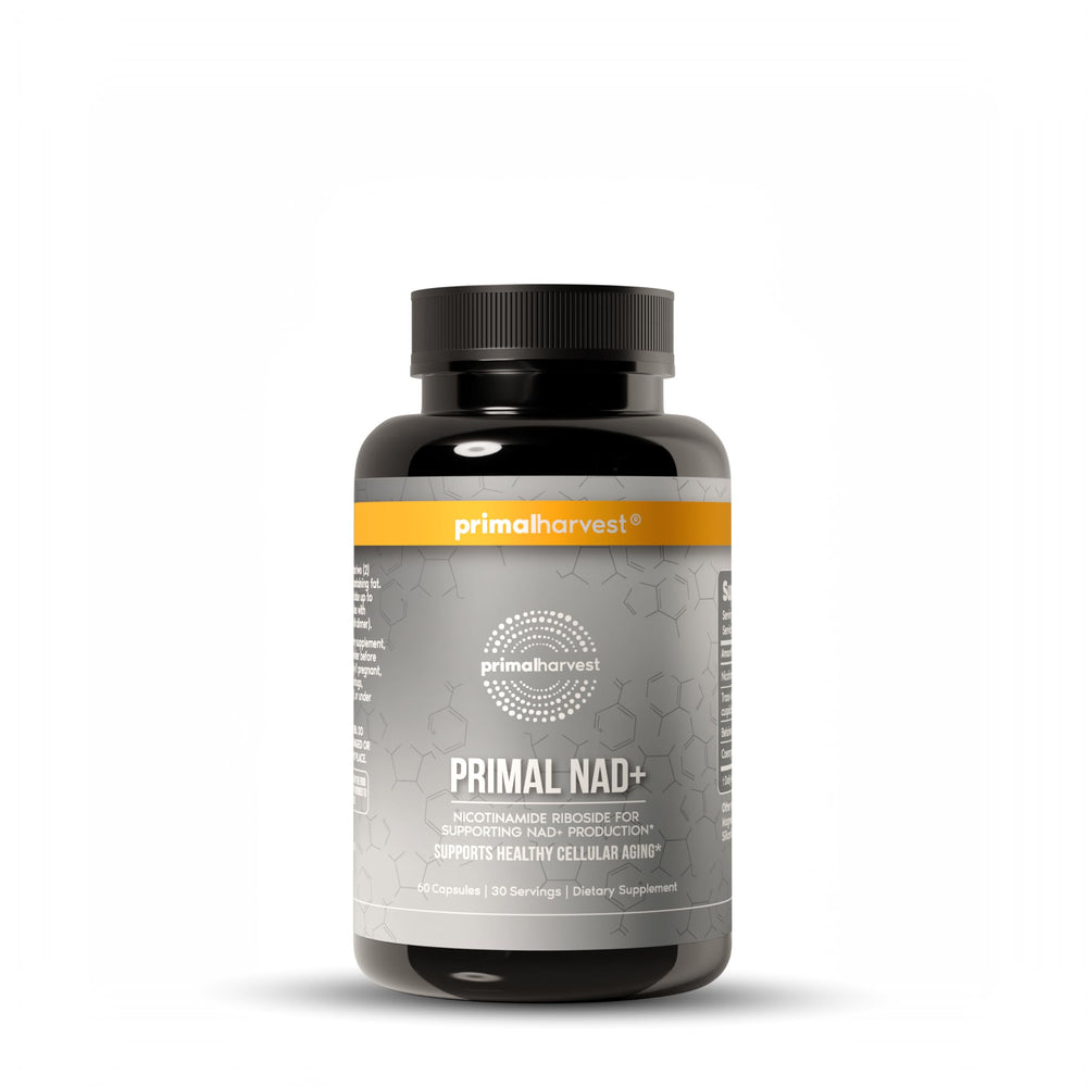 Primal Harvest NAD+ bottle front promoting cellular energy support