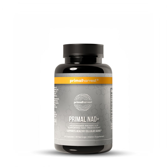 Primal Harvest NAD+ bottle front promoting cellular energy support