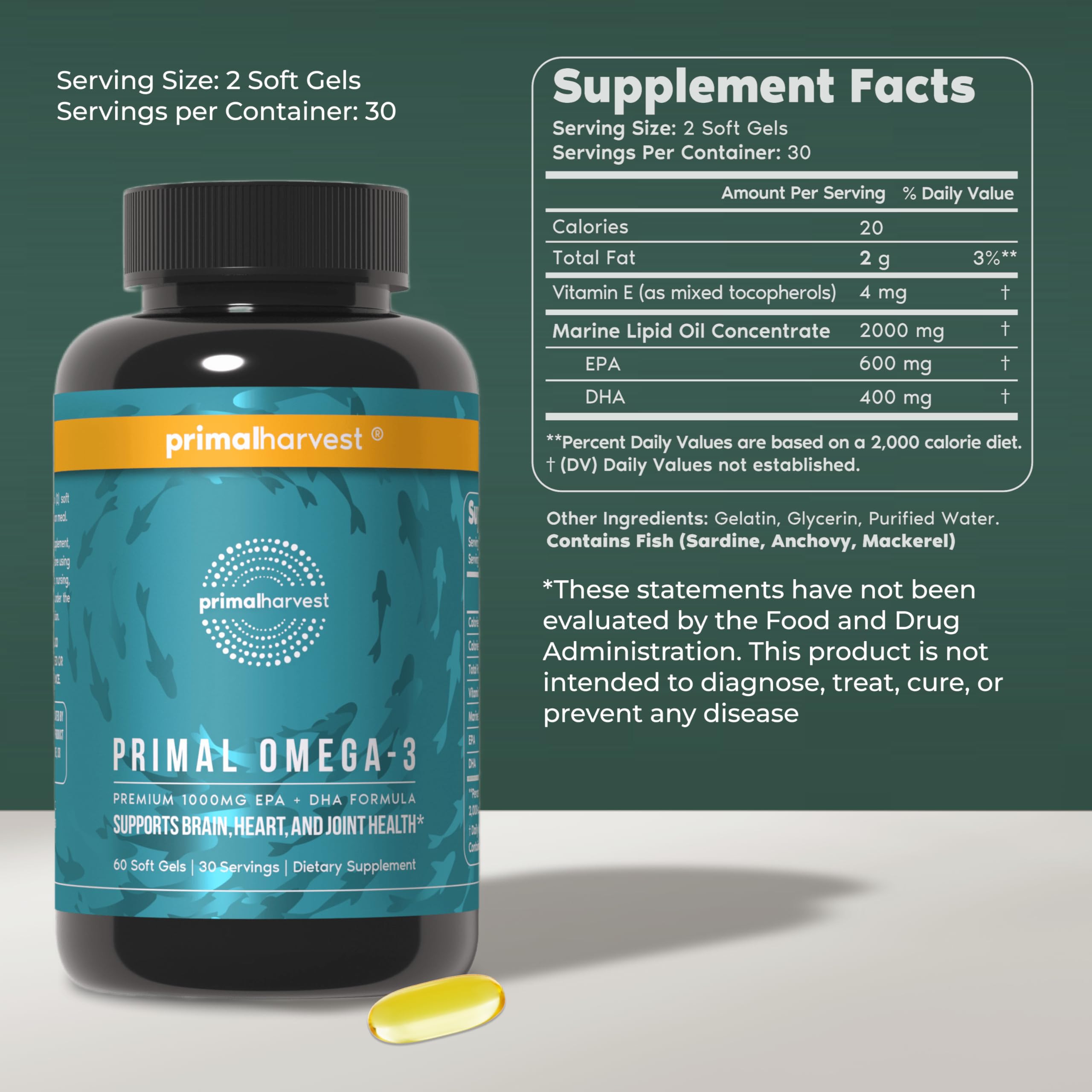 Primal Harvest Omega-3 softgels bottle back with supplement facts and non-GMO claim