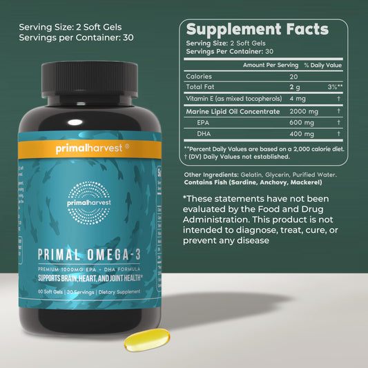 Primal Harvest Omega-3 softgels bottle back with supplement facts and non-GMO claim