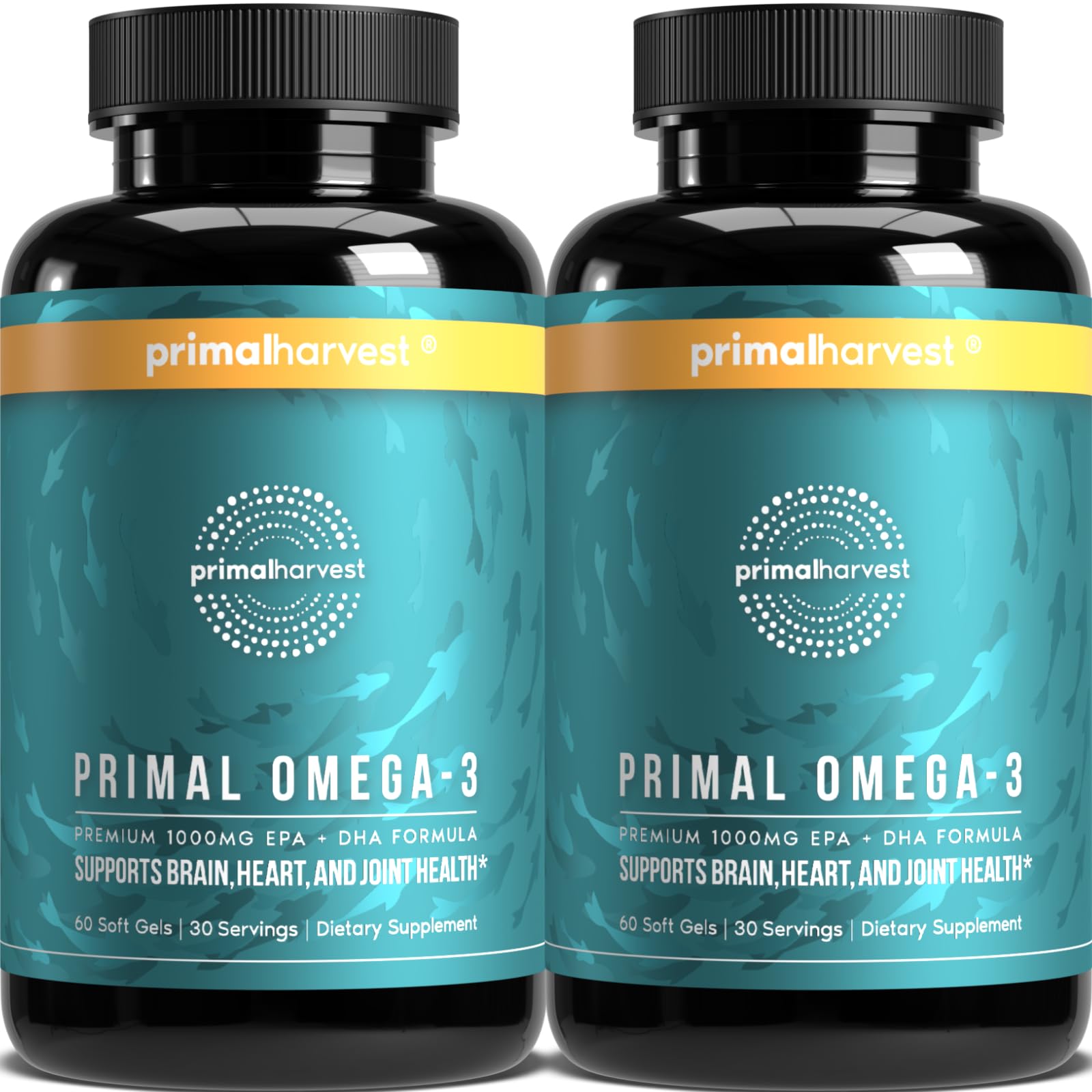 Primal Harvest Omega-3 softgels bottle front showing label and product name, ideal for daily use