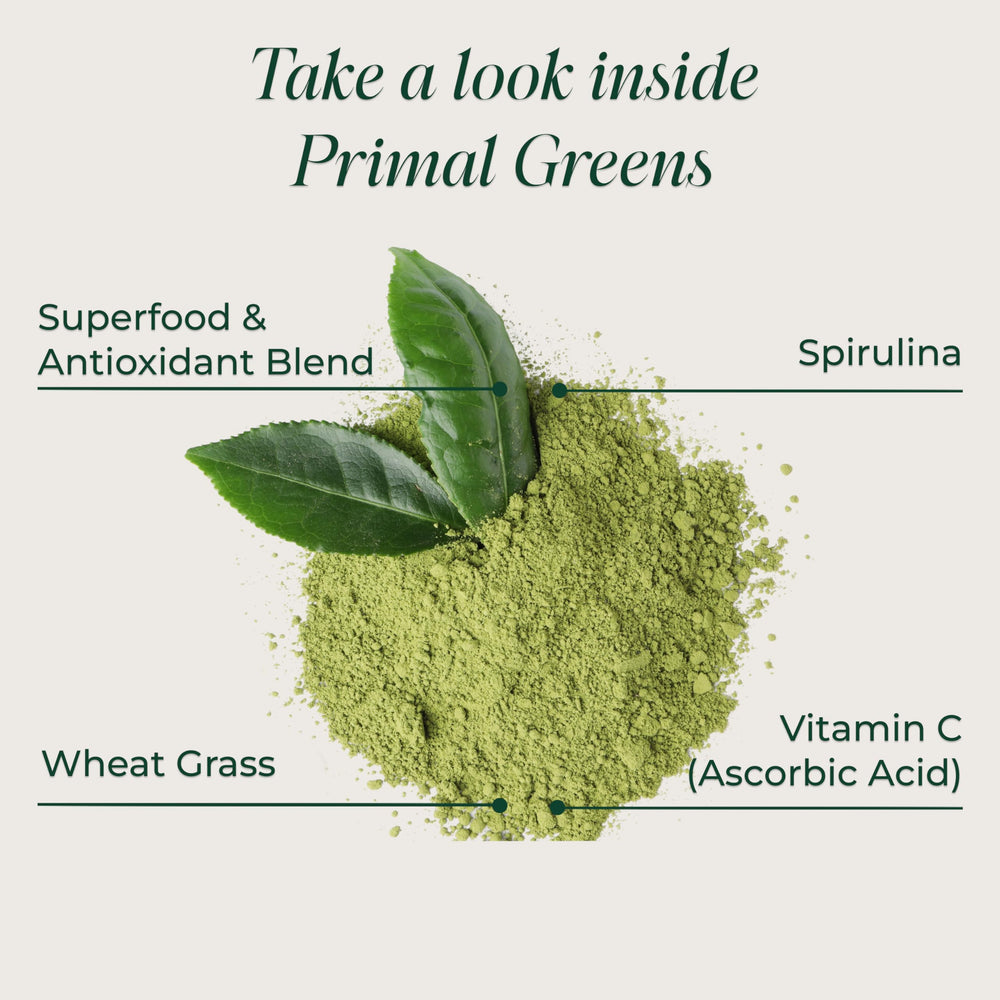 Primal Greens in a glass illustrating versatile use in smoothies or hot drinks