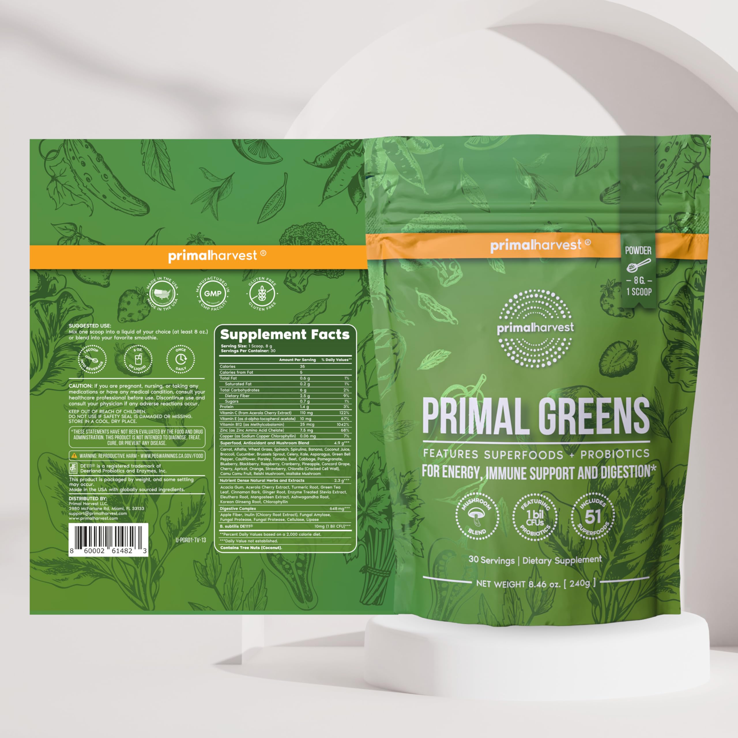 Mushroom blend section of Primal Greens emphasizing adaptogenic ingredients