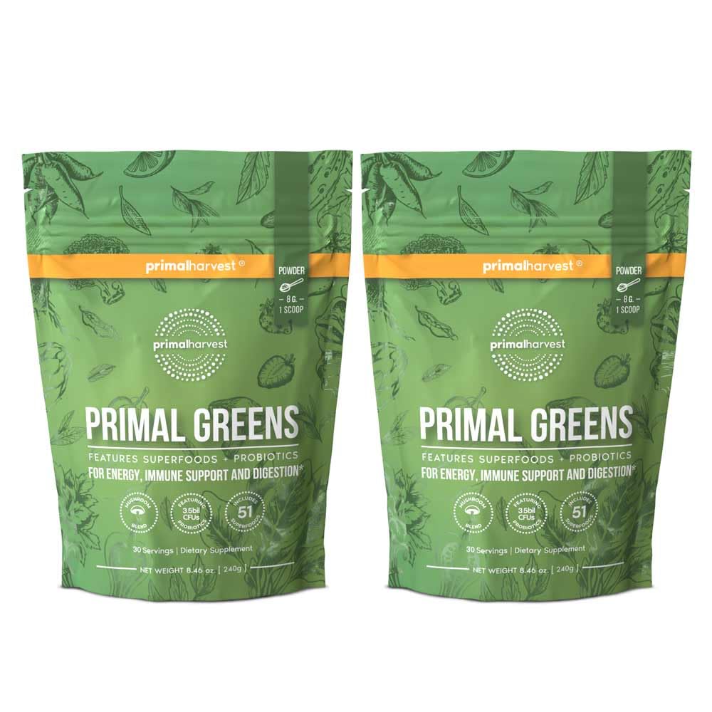 Primal Harvest Primal Greens packaging highlights complete daily nutrition at a glance