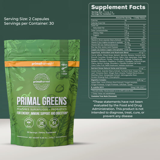 Primal Greens scoop and tub showing convenient daily serving for energy support