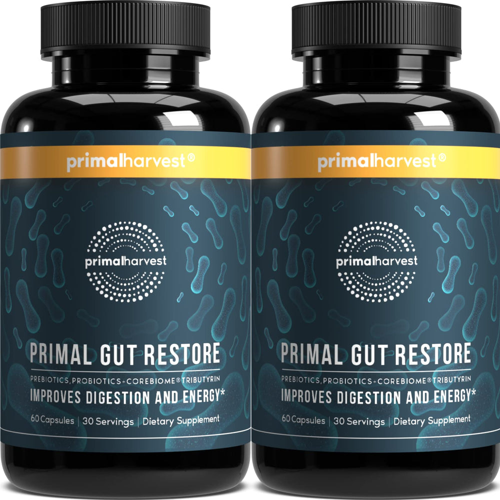 Primal Harvest Primal Gut Restore bottle with capsules for daily digestive support.
