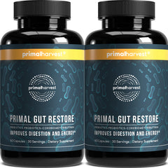 Primal Harvest Primal Gut Restore bottle with capsules for daily digestive support.