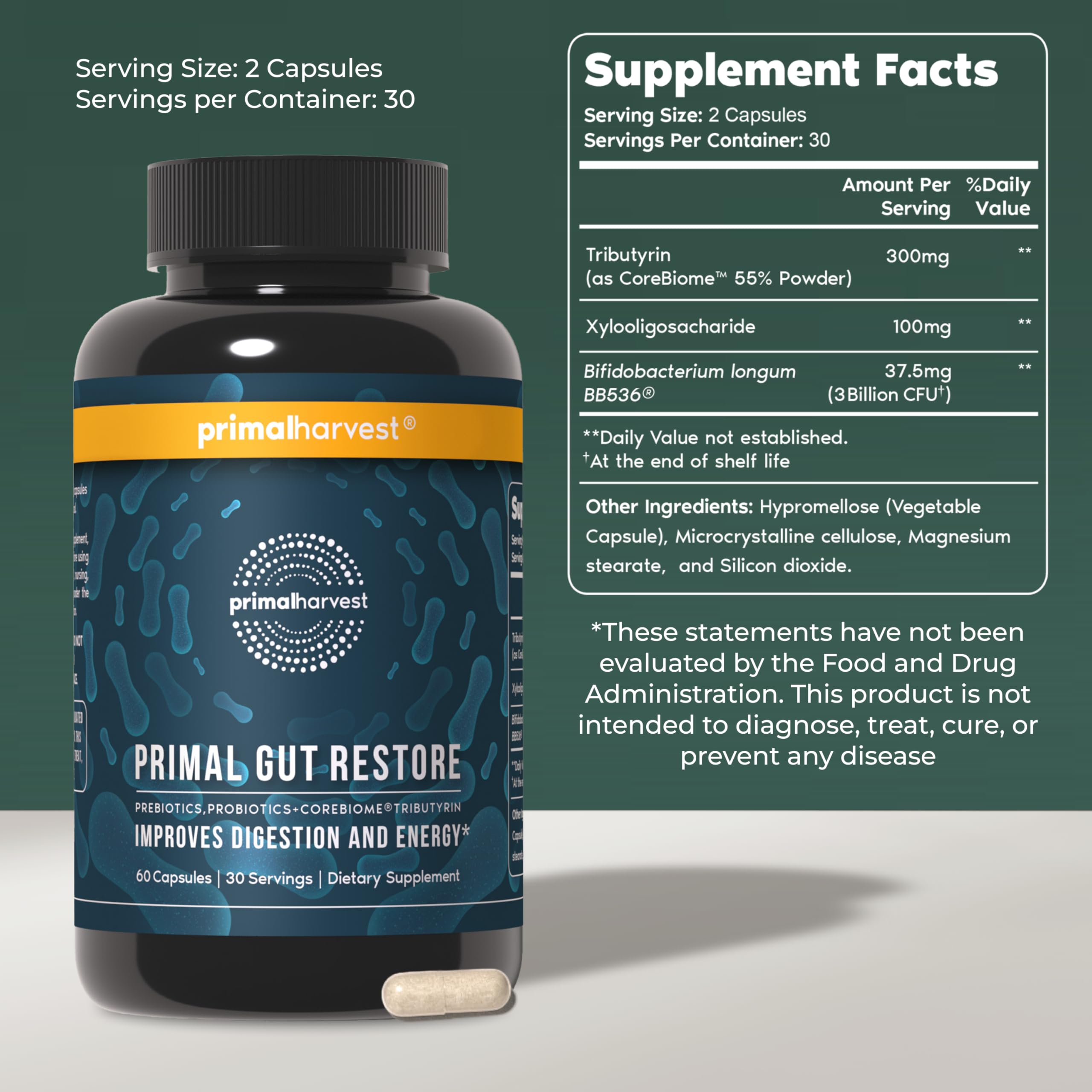 Capsules close-up showing 31 billion CFUs for gut balance.