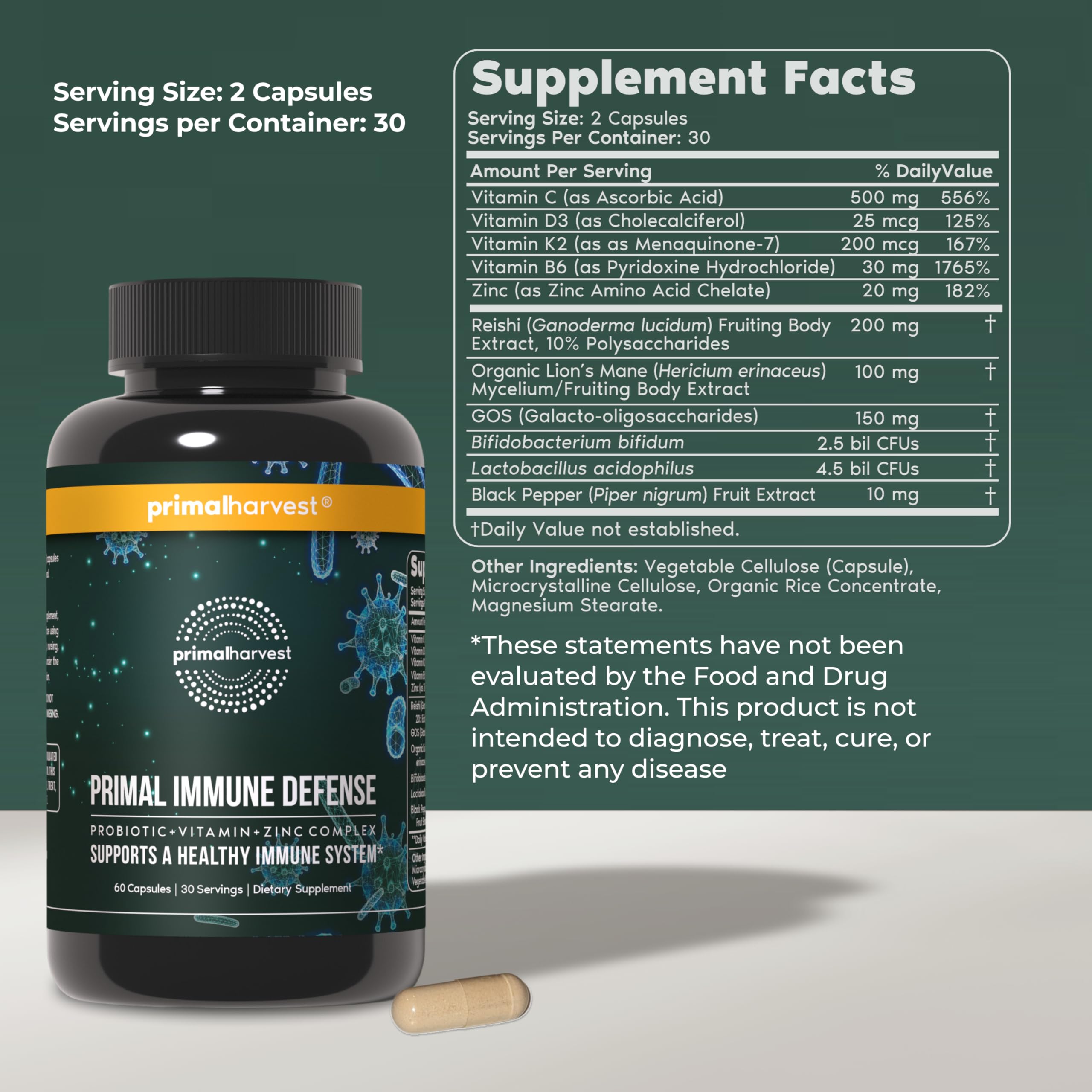 Primal Harvest Primal Immune Defense bottle label shows vitamins and minerals