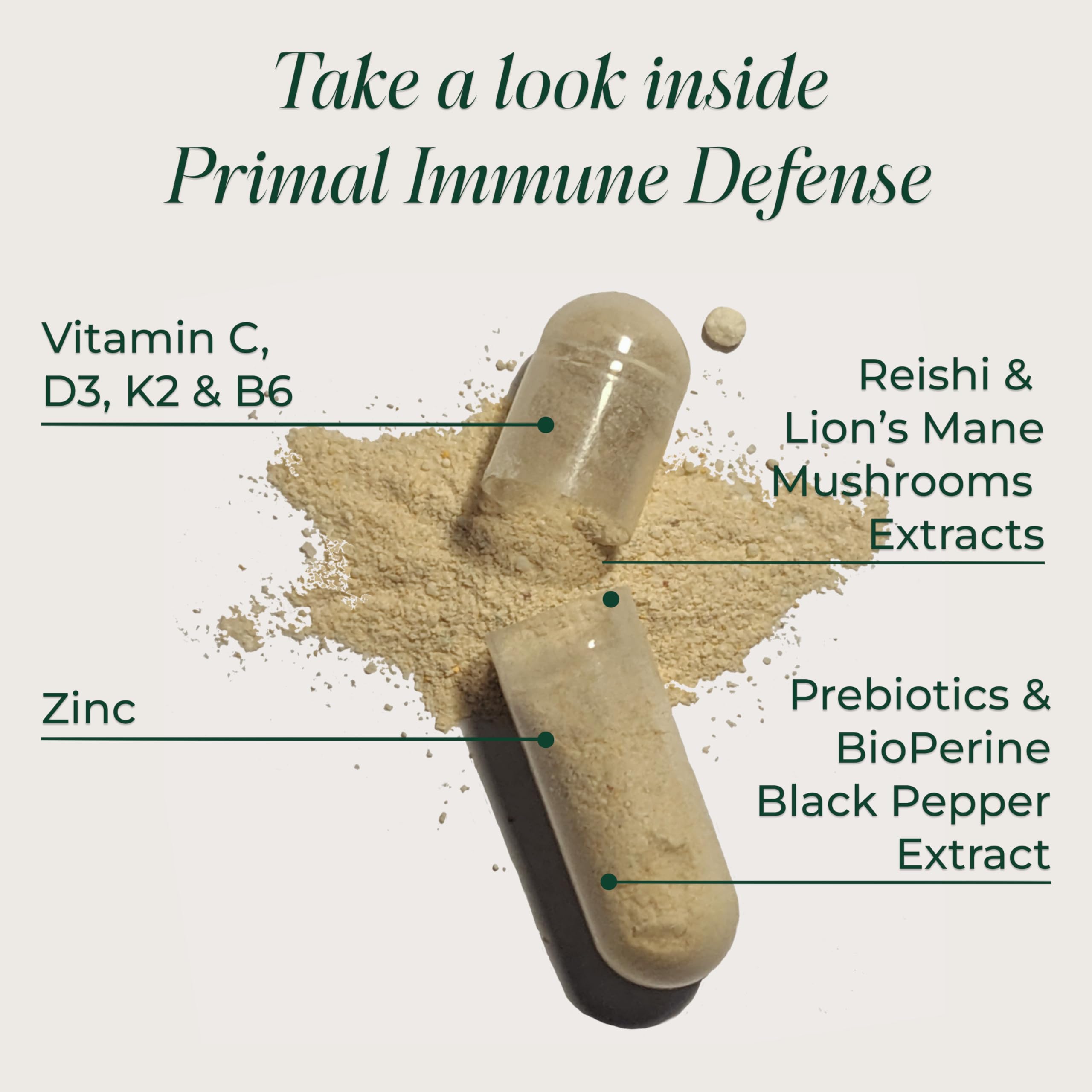 Primal Harvest Primal Immune Defense capsules arranged for easy daily dosing
