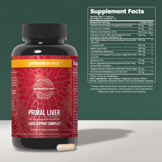 Primal Harvest Primal Liver capsules closeup for easy daily use.