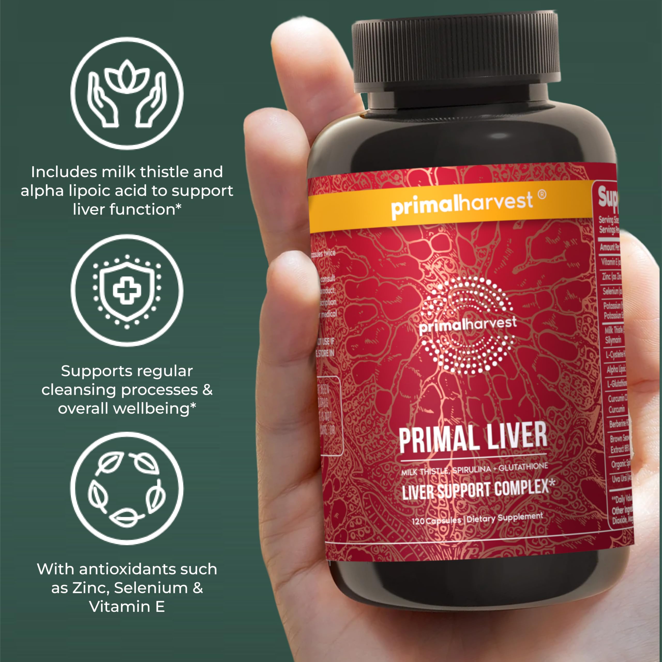 Primal Harvest Primal Liver bottle highlights milk thistle ingredient for liver care.
