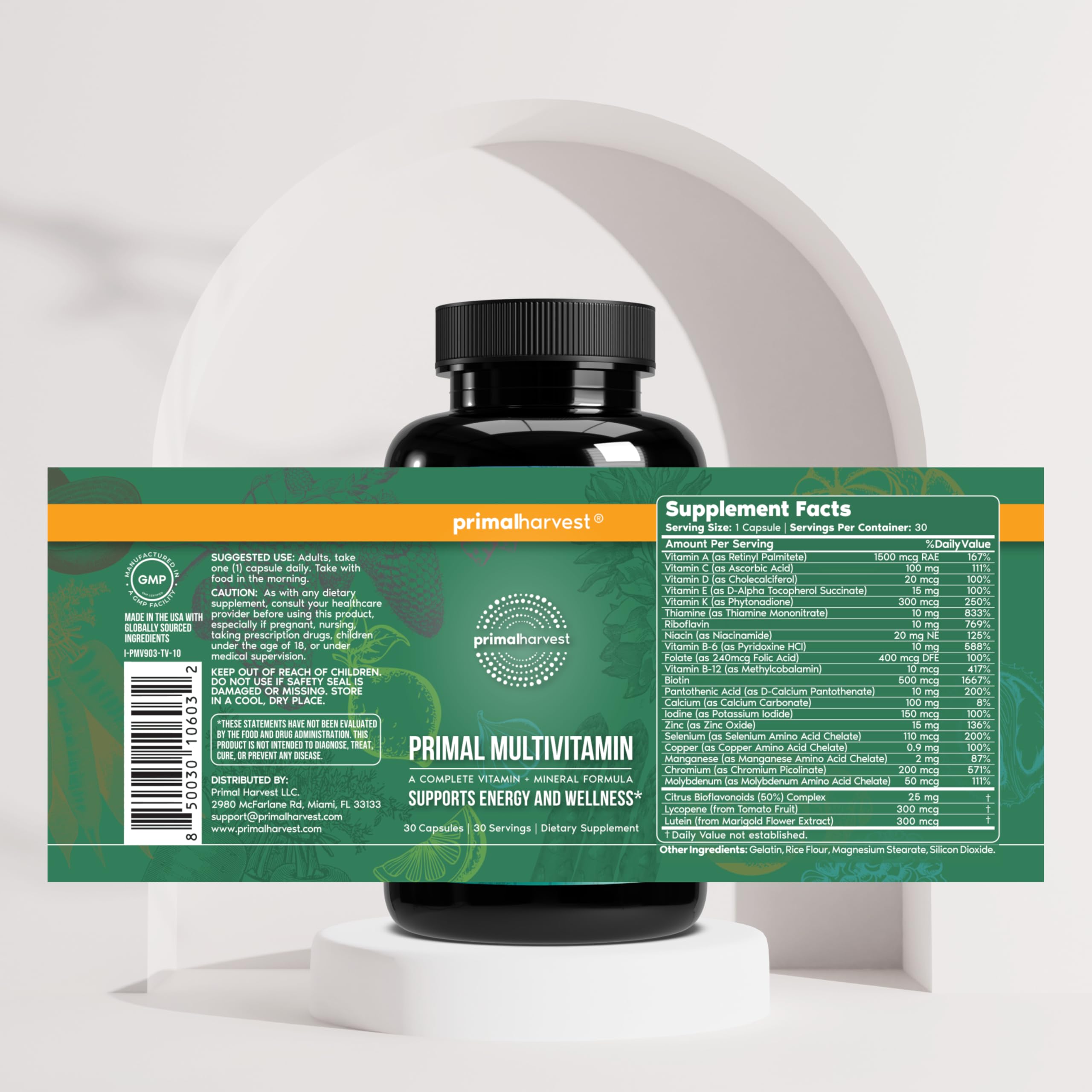 Primal Harvest Multivitamin bottle packaging highlighting gluten-free and keto-friendly features.
