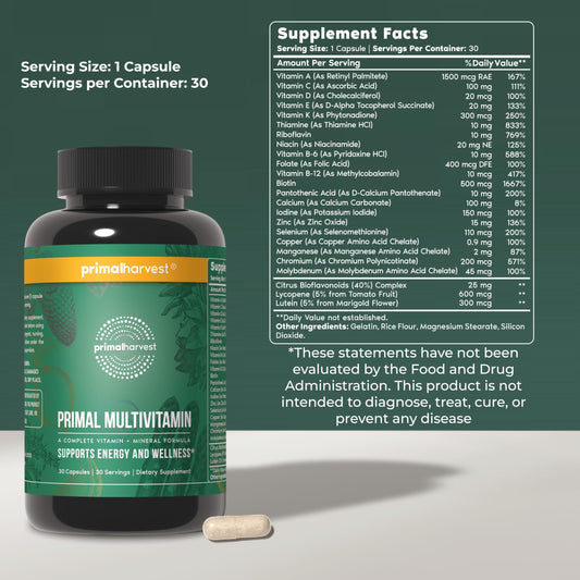 Primal Harvest Primal Multivitamin capsules close-up showing texture for energy support.