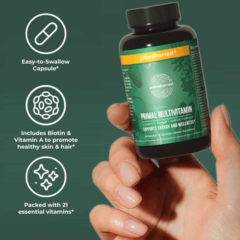 Primal Harvest Multivitamin label close-up listing 21 essential nutrients.