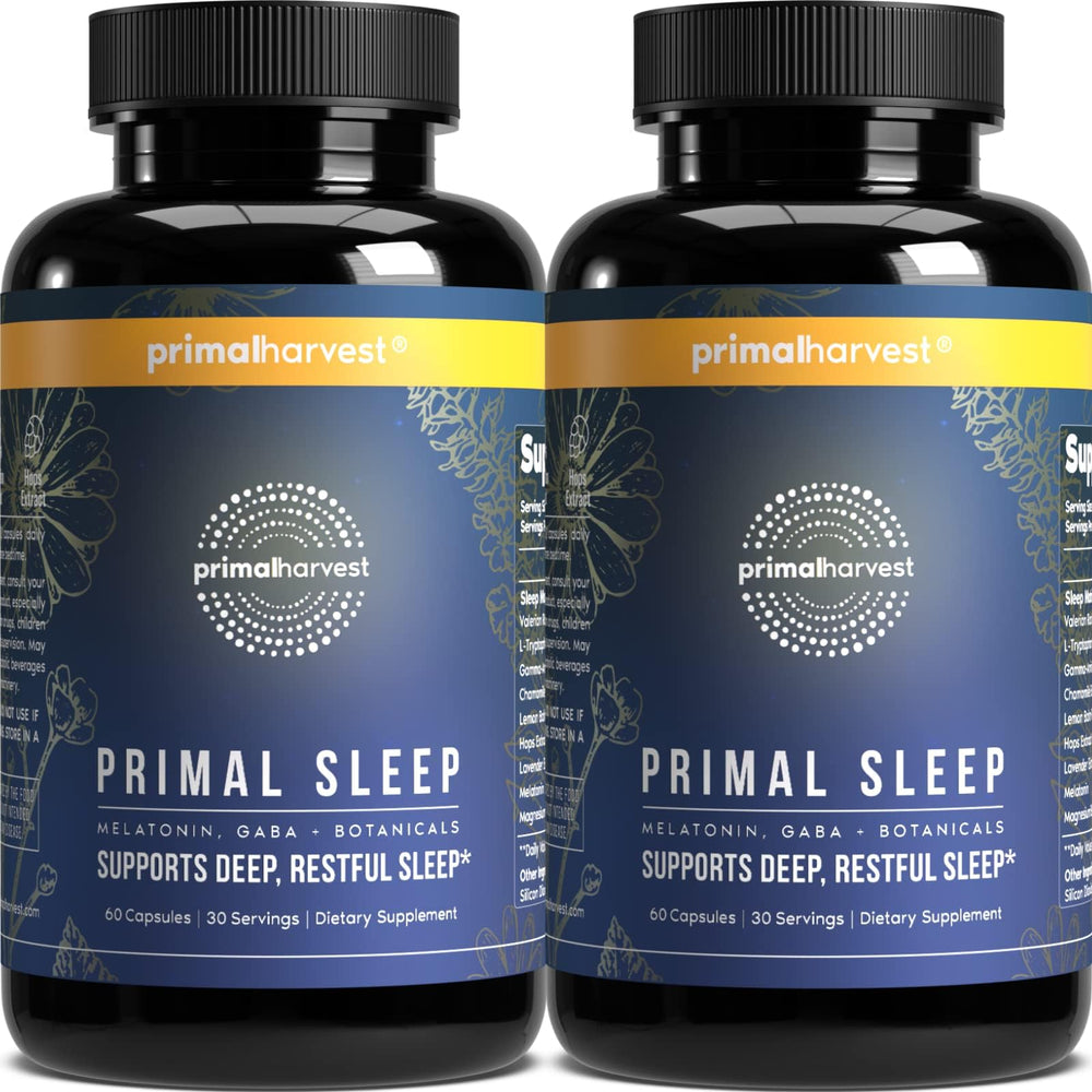 Primal Harvest Primal Sleep 2-pack bottles ready for bedtime routine.