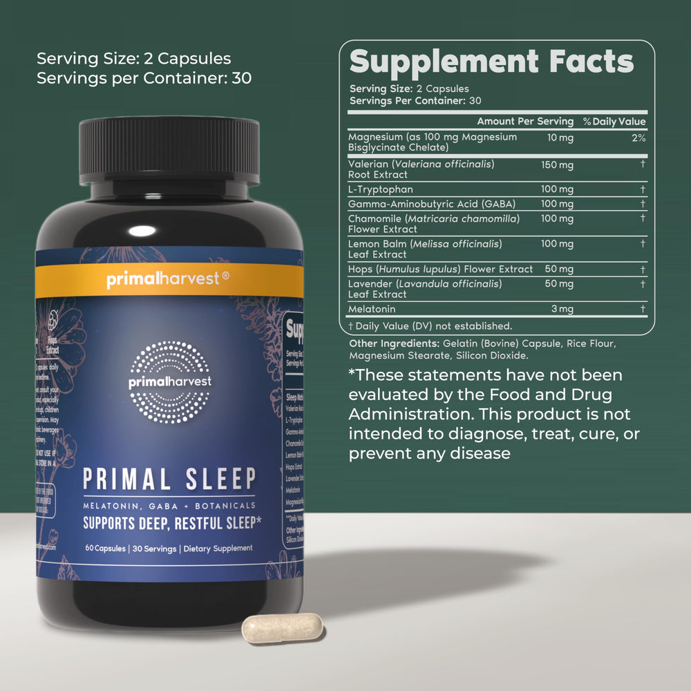 Close-up of Primal Sleep bottle cap highlighting easy-to-swallow capsules.