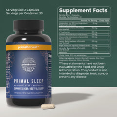 Close-up of Primal Sleep bottle cap highlighting easy-to-swallow capsules.