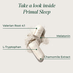 Primal Sleep capsules shown for smooth nightly intake.