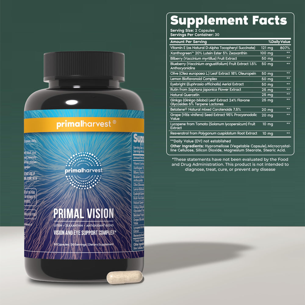 Primal Vision bottle with label showcasing 2-pack packaging for blue light comfort.
