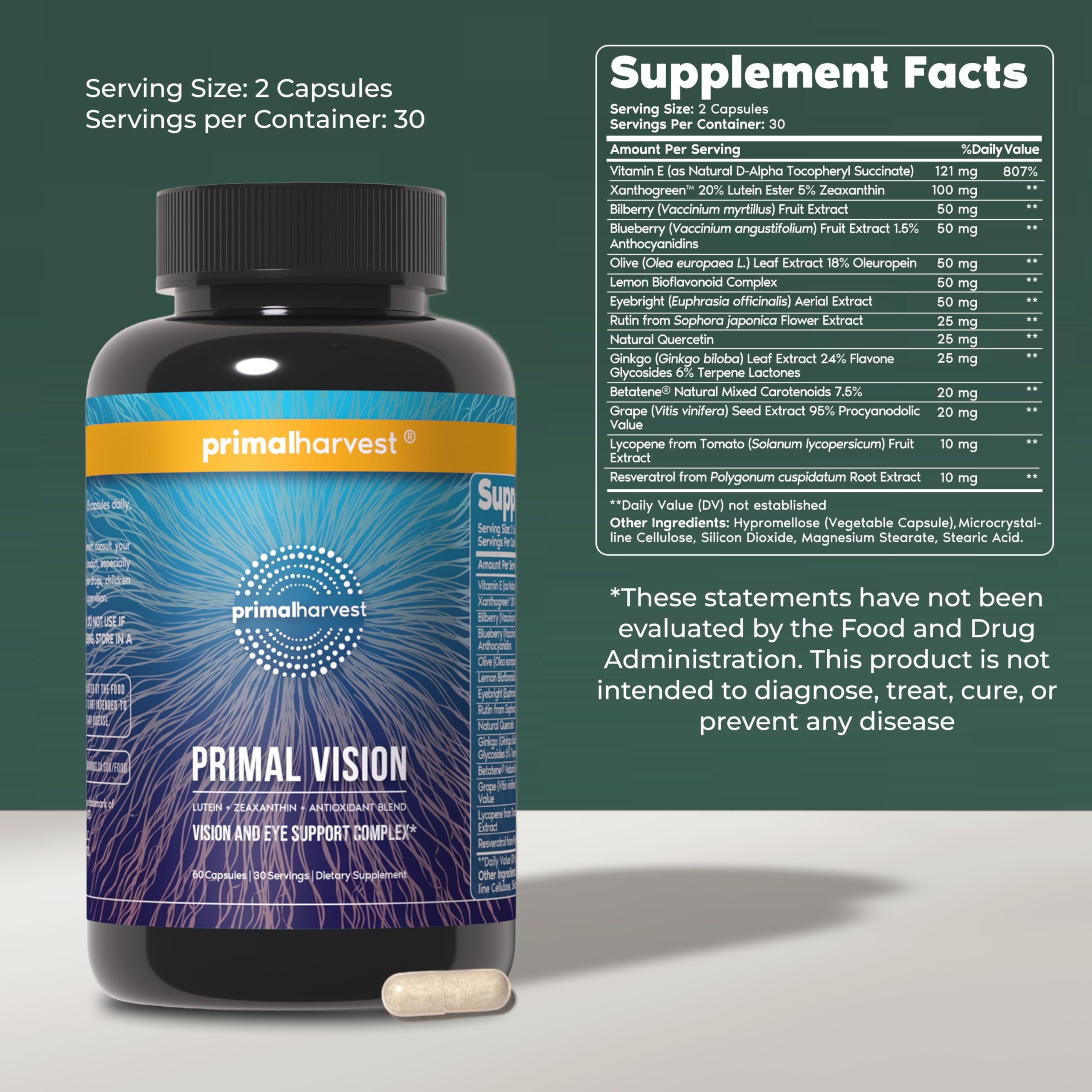 Primal Vision capsules-closeup highlighting lutein and zeaxanthin for visual clarity